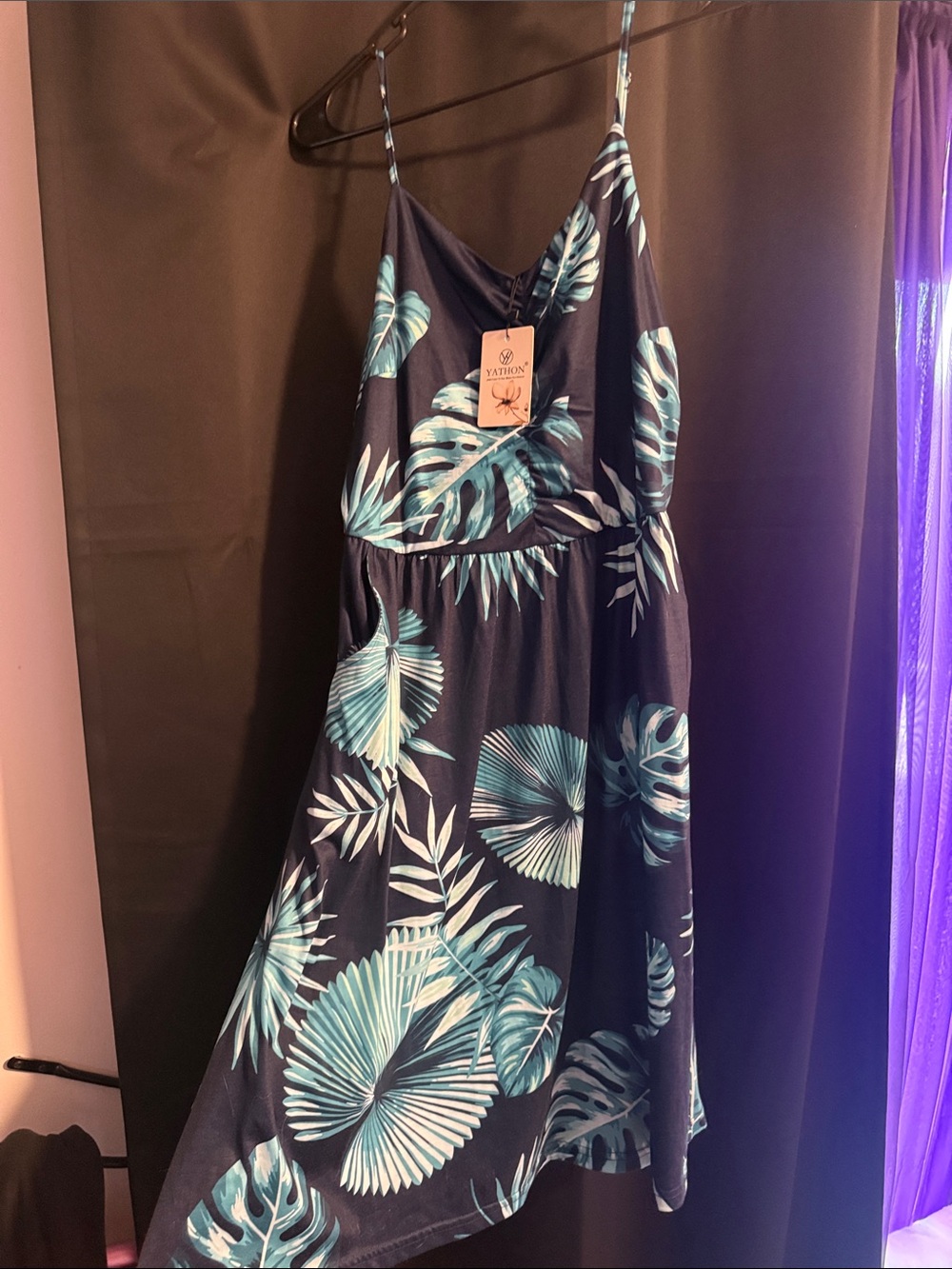 Tropical Print Navy Slip Dress with Teal Palm Leaves
